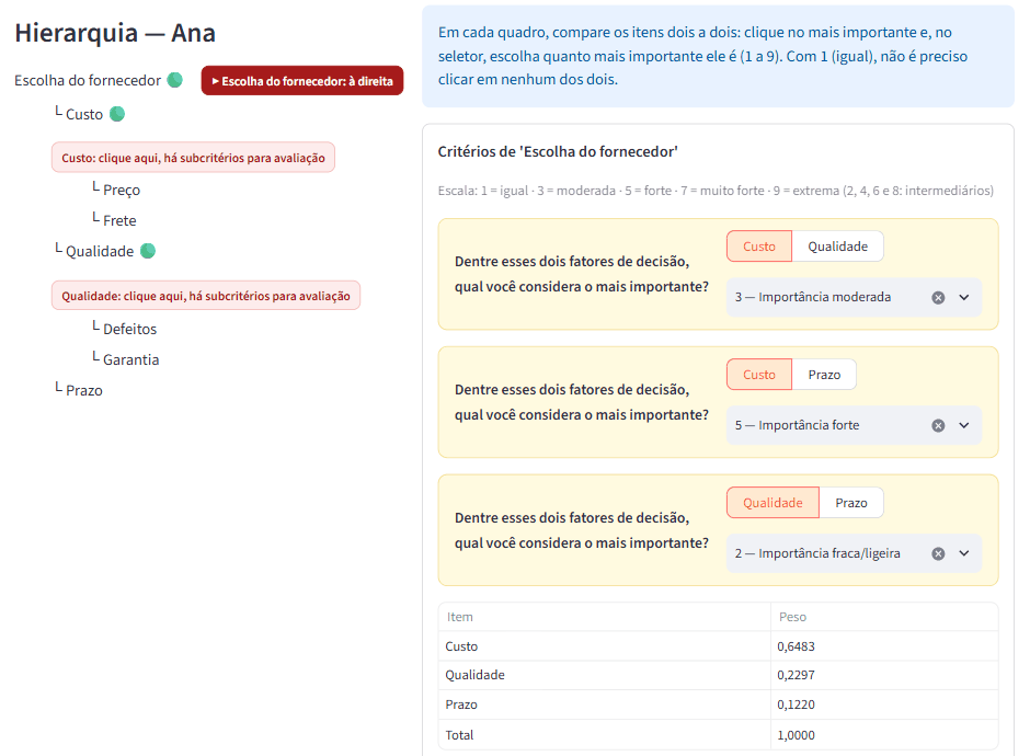 Tela do Software Decisão com os pesos calculados pelo AHP e o teste de consistência
